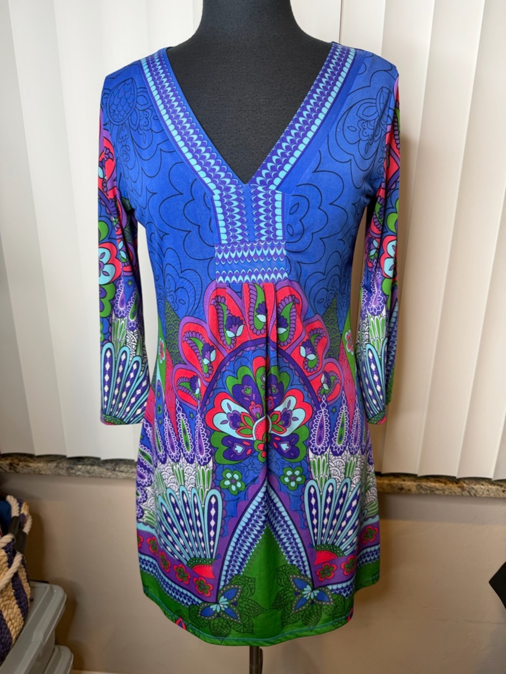 Adore Blue Paisley Peacock Resort Style Dress Vacation Cruise Size Medium